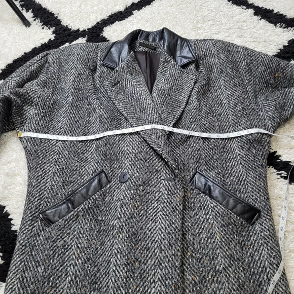 Vintage 80s wool leather tweed jacket coat oversized - Picture 11 of 16